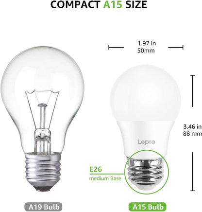 Lepro A15 LED Refrigerator Light Bulb, E26 Base, 5W (40W Equivalent), 450 Lumens, 5000K Daylight, Non-Dimmable, Appliance & Freezer Safe, 2-Pack