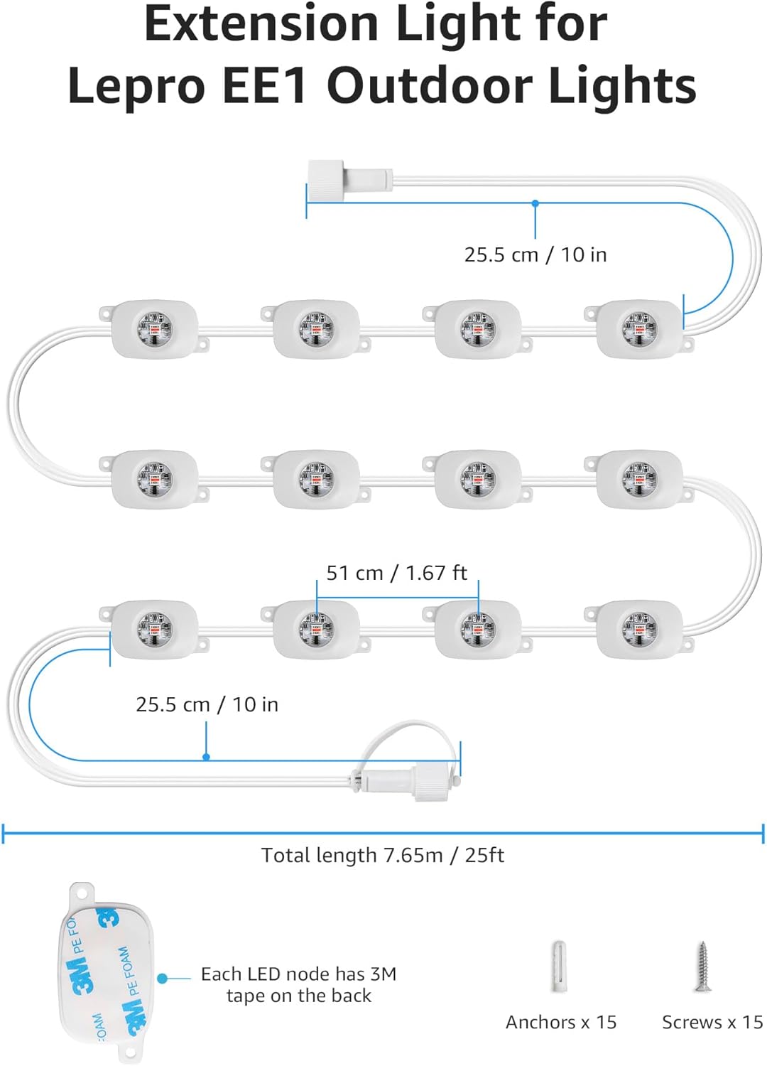 Lepro EE1 Permanent Lights Accessories Only – 25 ft EE1 Permanent Outdoor Lights Single Strand Without Adapter and in-line Controller