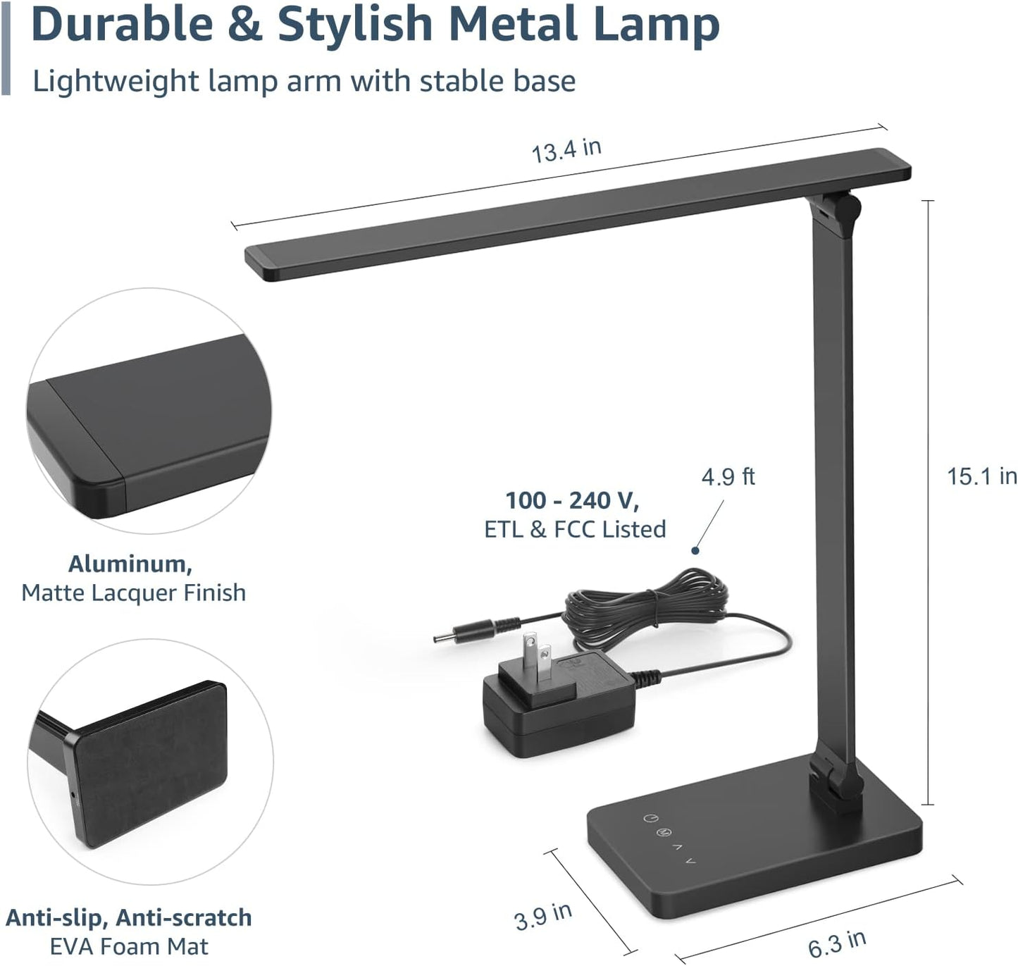 Lepro LED Desk Lamp (Dimmable, Black, with USB Charging Port)