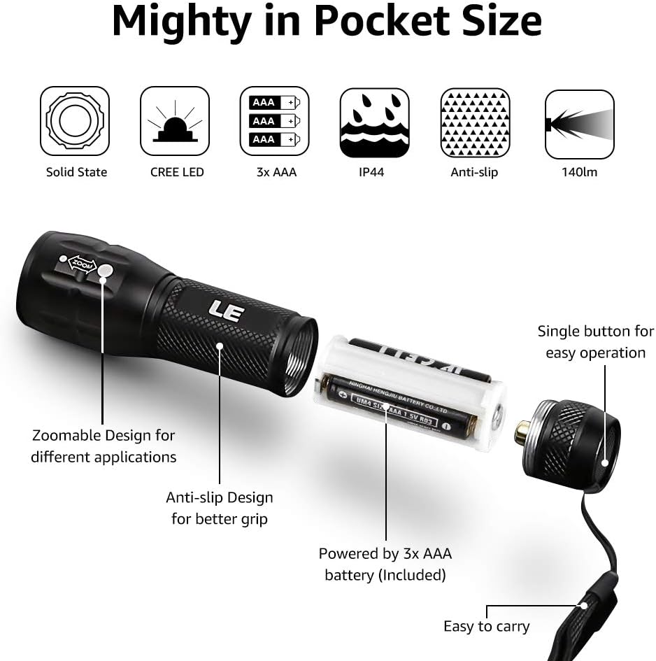 Lepro Portable LED Flashlight (Black, High Lumens, Waterproof, AAA