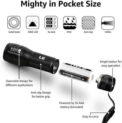 Lepro Portable LED Flashlight (Black, High Lumens, Waterproof, AAA Batteries Included)