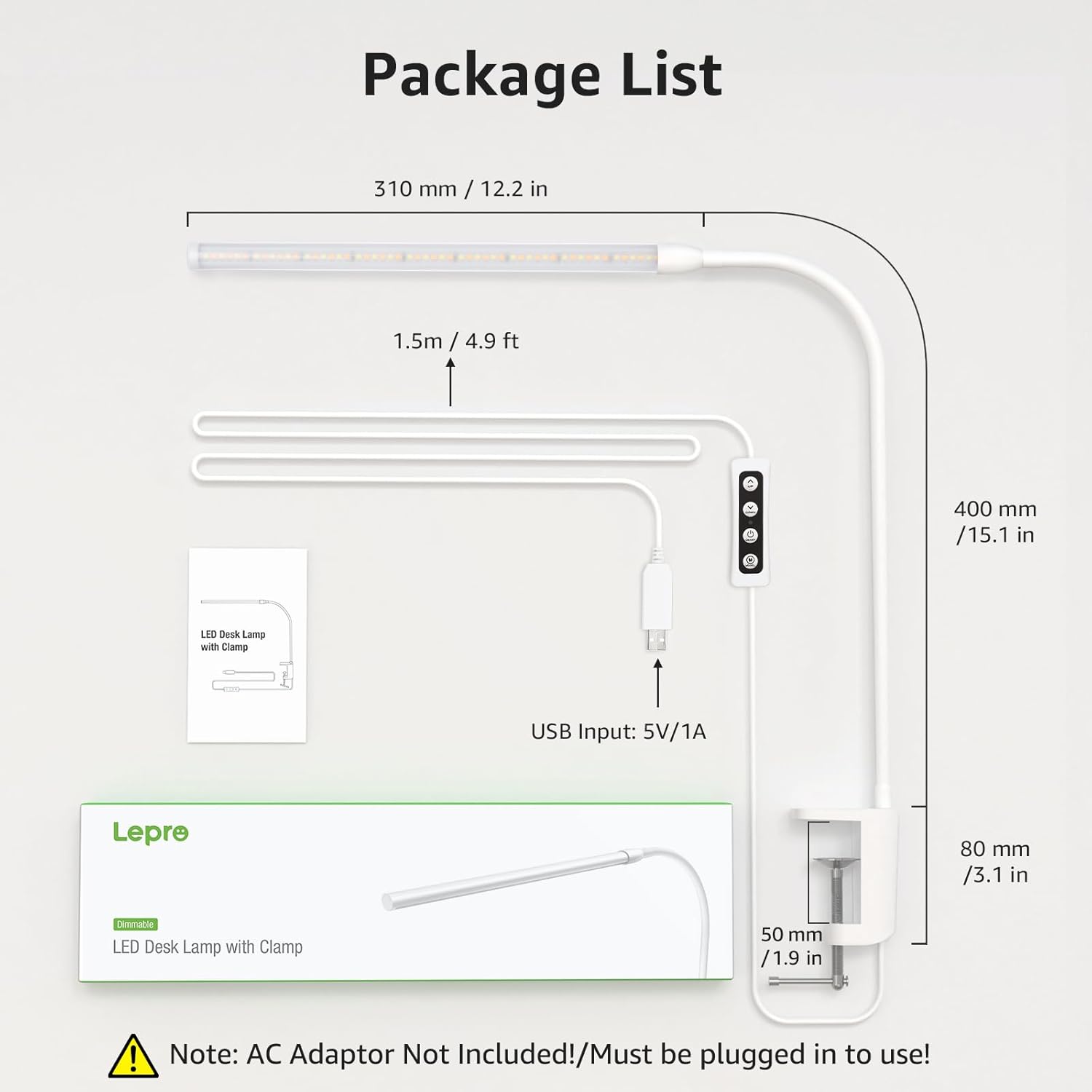 Lepro Clamp Desk Lamp (Dimmable, White, Eye-Caring Reading Light)