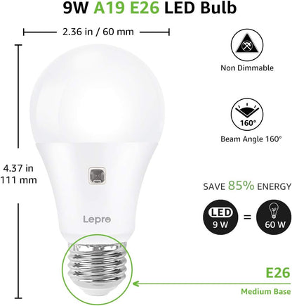 Lepro A19 Dusk to Dawn LED Light Bulb, E26 Base, 9W (60W Equivalent), 800 Lumens, 2700K Warm White, Non-Dimmable, Damp-Proof, 2-Pack