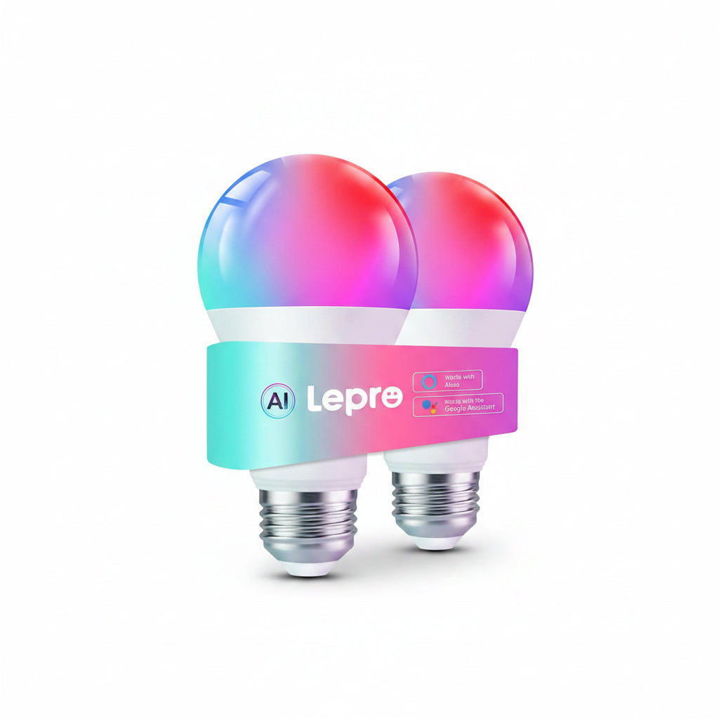 Two smart light bulbs with colorful gradient and Lepre branding on a white background