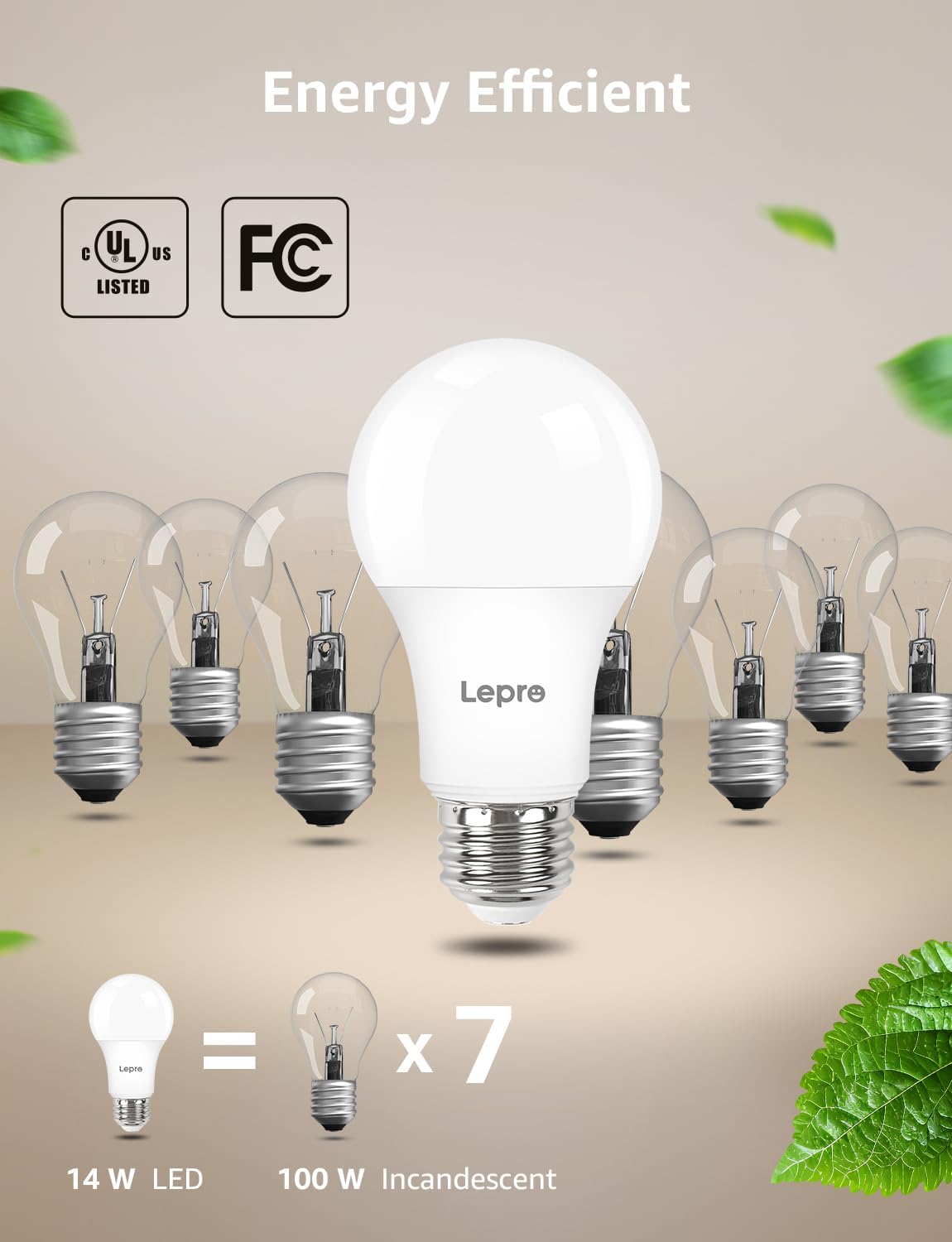Lepro A19 Dimmable LED Light Bulbs, E26 Base, 14W (100W Equivalent), 1500 Lumens, 5000K Daylight, UL Listed