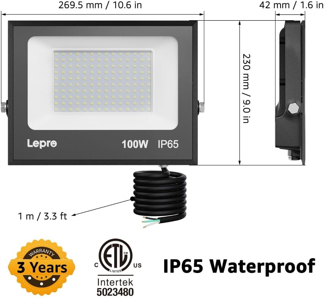 Lepro Outdoor LED Flood Light (100W, 10000LM, 5000K Daylight White)