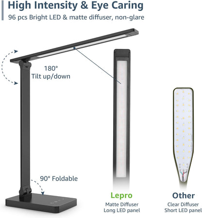 Lepro LED Desk Lamp (Dimmable, Black, with USB Charging Port)