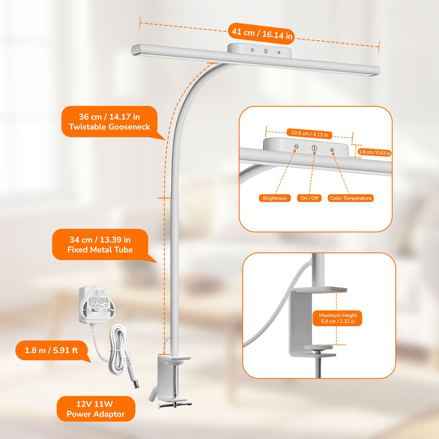 Lepro Led Desk Lamp for Home Office, Metal Architect Lamp with Clamp, 11W 750LM Eye-Caring Task Light, 25 Lighting Modes, Flexible Gooseneck for Monitor, Workbench, Drafting, Crafts, Reading