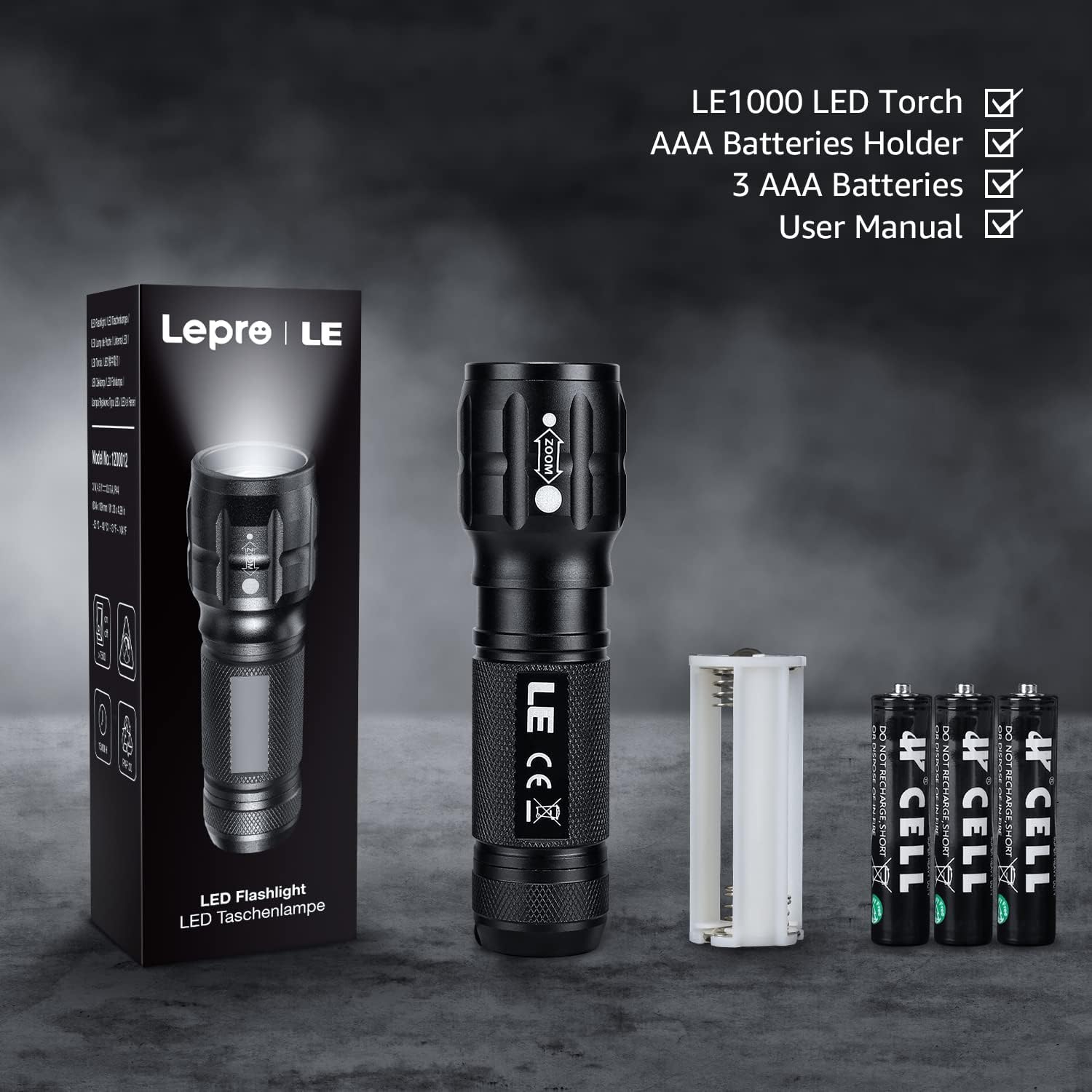 Lepro Portable LED Flashlight (Black, High Lumens, Waterproof, AAA