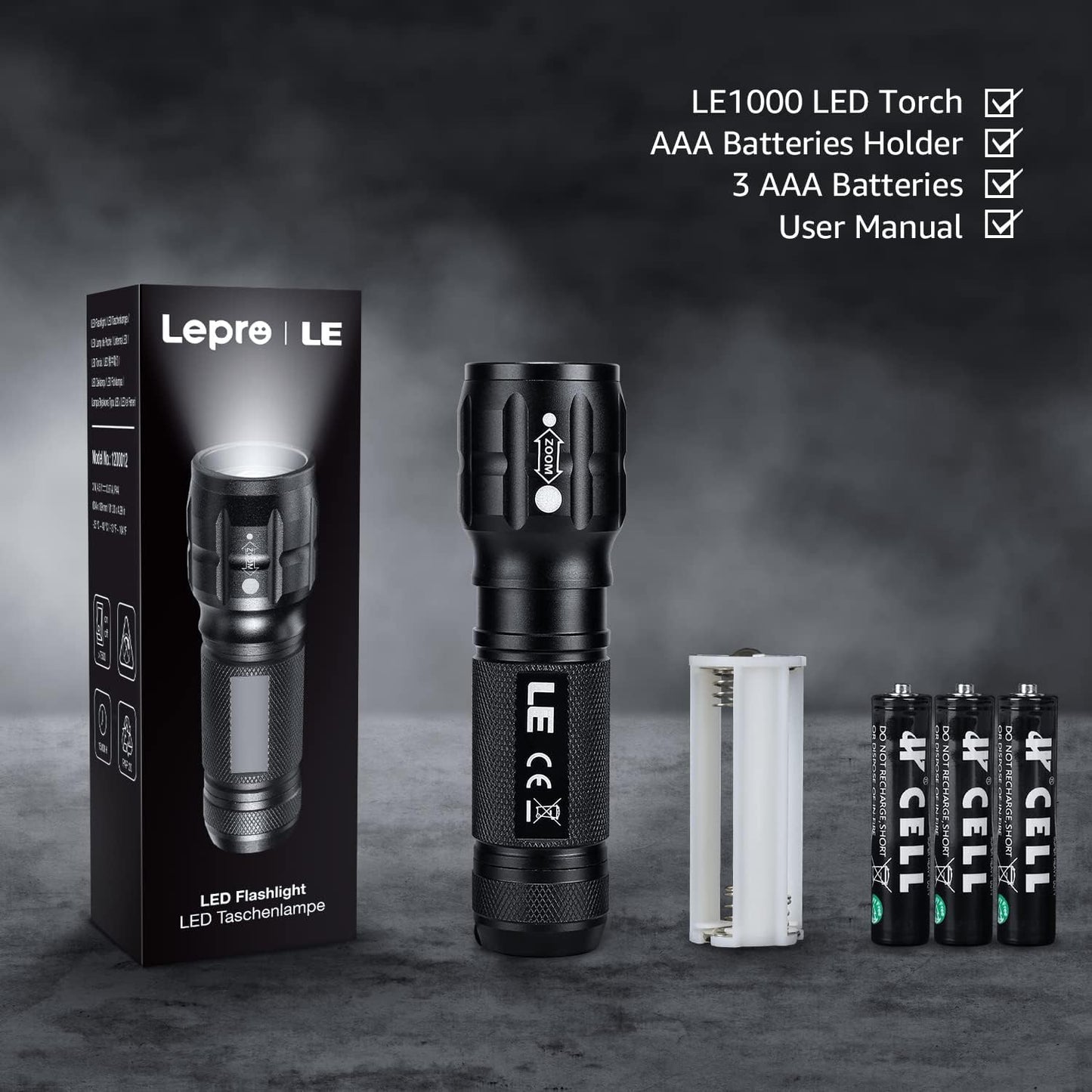 Lepro Portable LED Flashlight (Black, High Lumens, Waterproof, AAA Batteries Included)