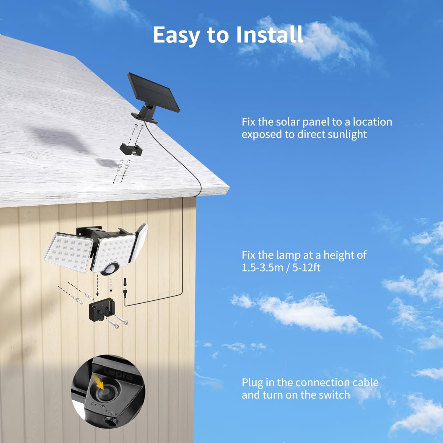 Lepro Solar Motion Sensor Flood Lights with Separate Solar Panel - 1000LM