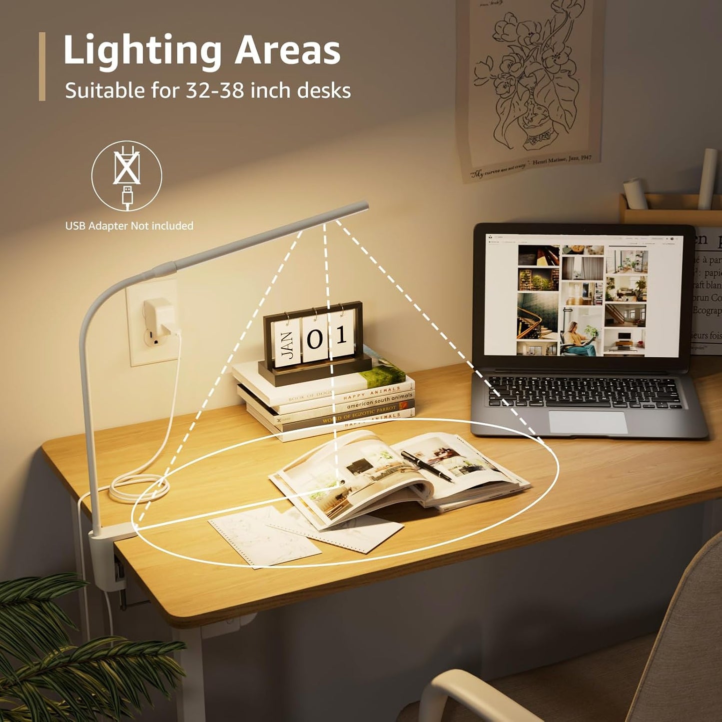 Lepro Clamp Desk Lamp (Dimmable, White, Eye-Caring Reading Light)