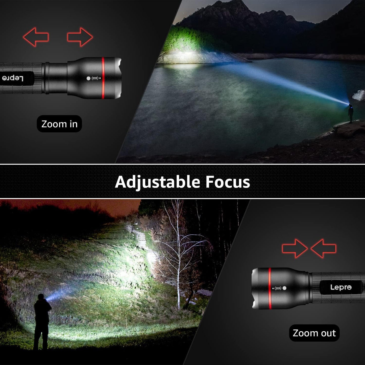 Lepro Battery-Powered Tactical LED Flashlight 2 Pack, 300 Lumens Zoomable Compact Torch