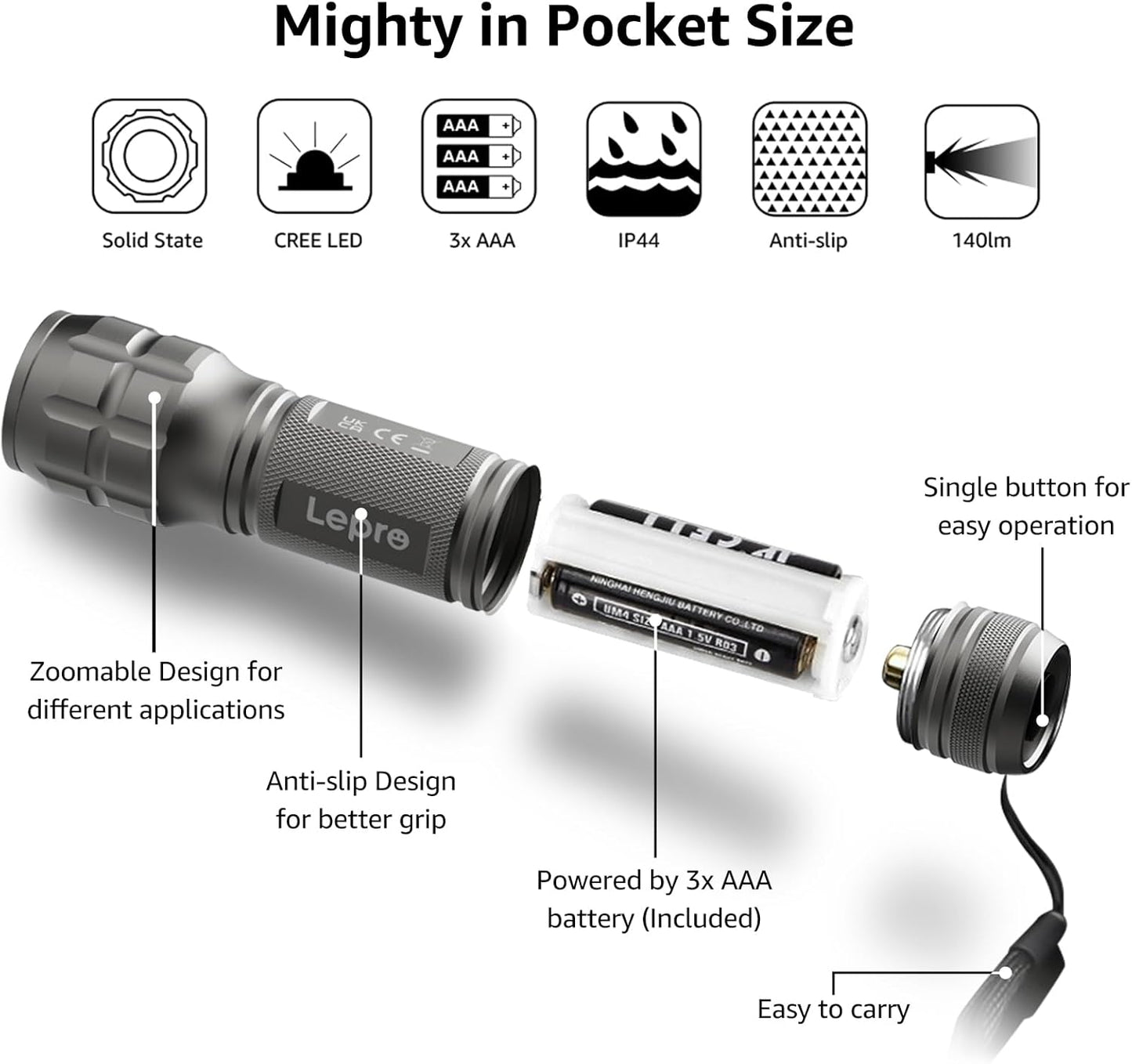 Lepro Portable LED Flashlight – High Lumens, Waterproof (Gray, AAA Batteries Included)