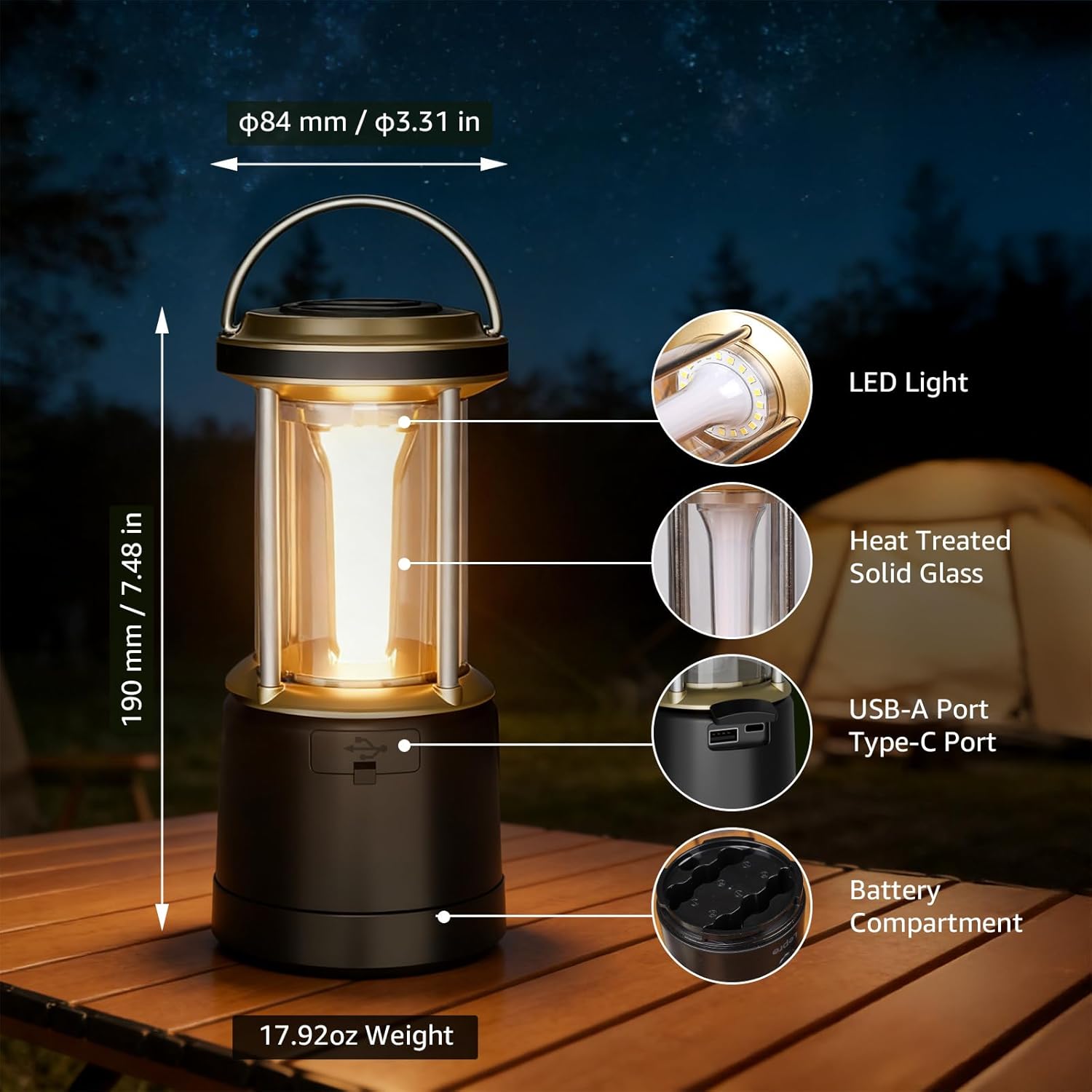 Lepro 2000LM LED Camping Lantern Rechargeable, Waterproof Tent Light with 5 Light Modes, Camping Essentials, Portable Lantern for Camping, Emergency Light, Power Outage, USB Cable Included