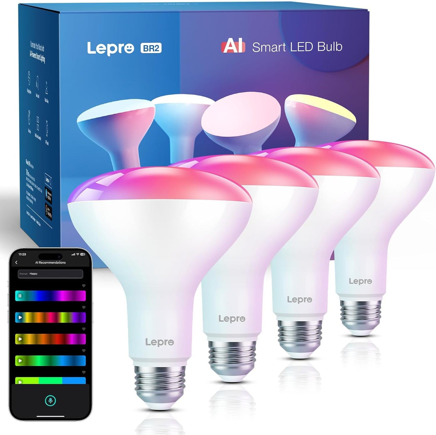 Lepro BR2 AI LED Smart Bulbs - AI Generated Lighting, LightGPM 4 with LLM, LightBeats Music Sync, Voice Control Via App, RGBWW Colors, Compatible with Alexa & Google Assistant, BR30 E26 8W, 4 Packs