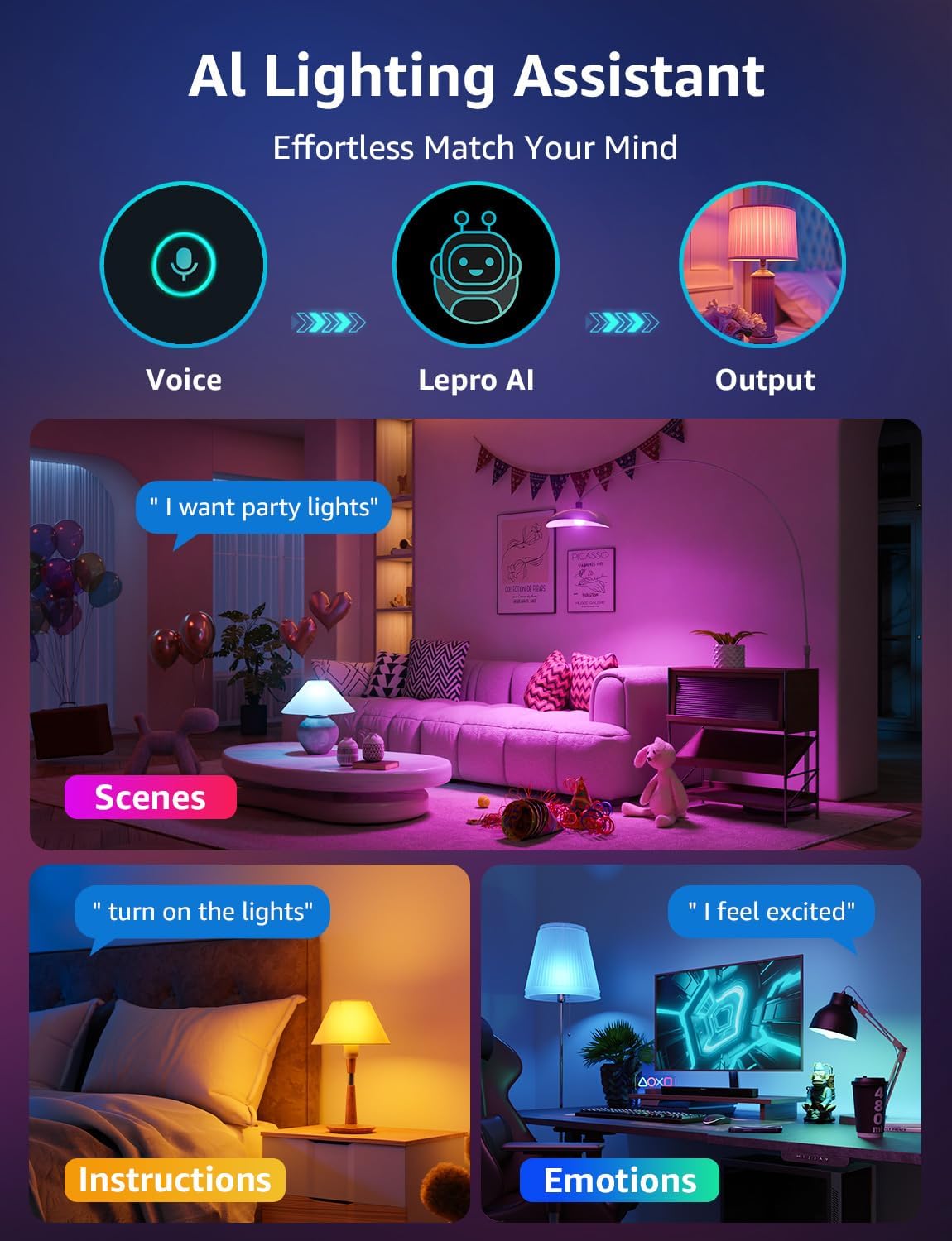 Lepro B3 AI Smart Light Bulbs - 1500LM 100W Equivalent A21 Bulb, WiFi & Bluetooth RGBWW Color Changing, Works with Alexa & Google Assistant, AI Voice Control by App, Music Sync, 2.4GHz Only