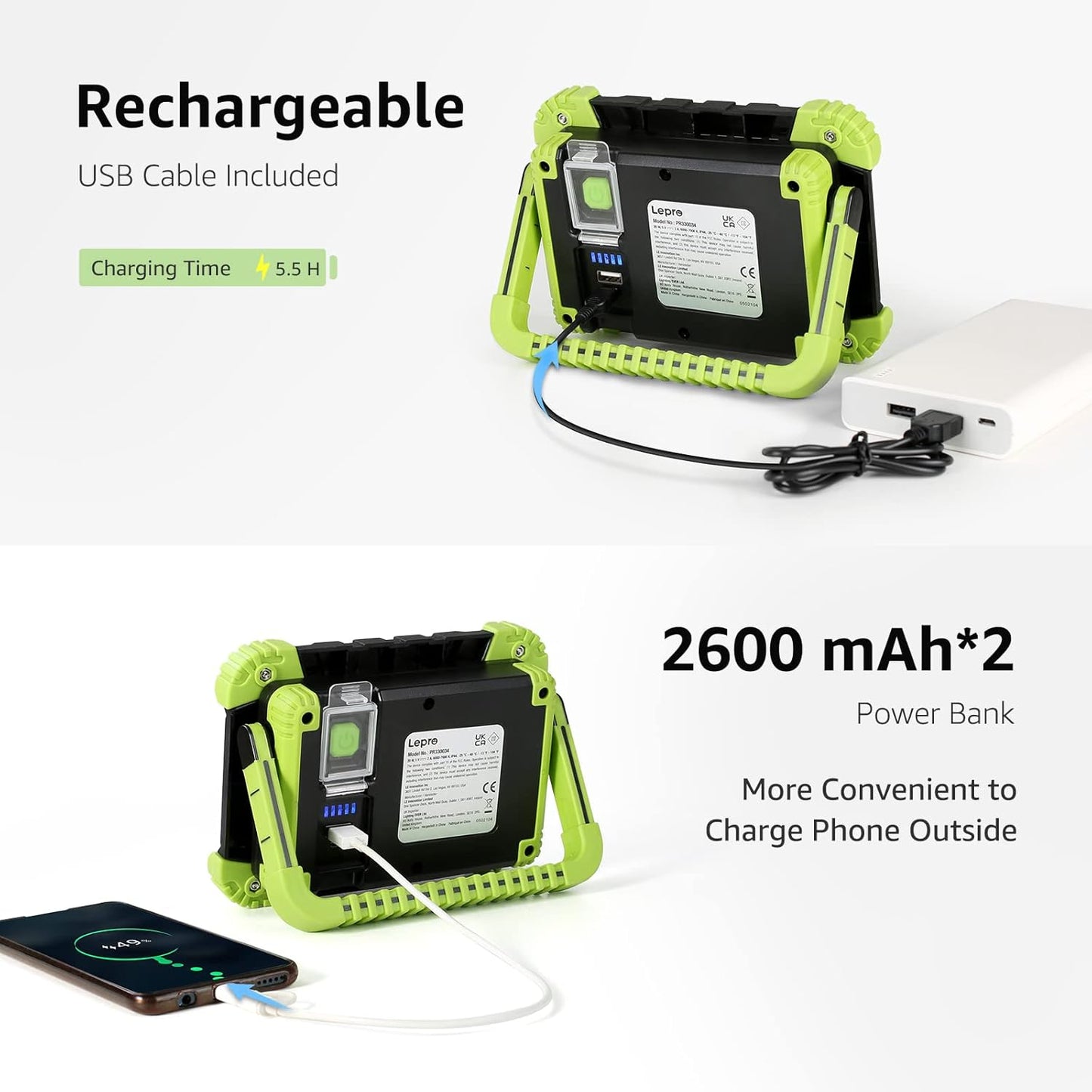 Lepro Portable LED Work Light, 20W, Rechargeable Outdoor Flood Light, Power Bank for Hiking, Working, Car Repairing, Workshop and More