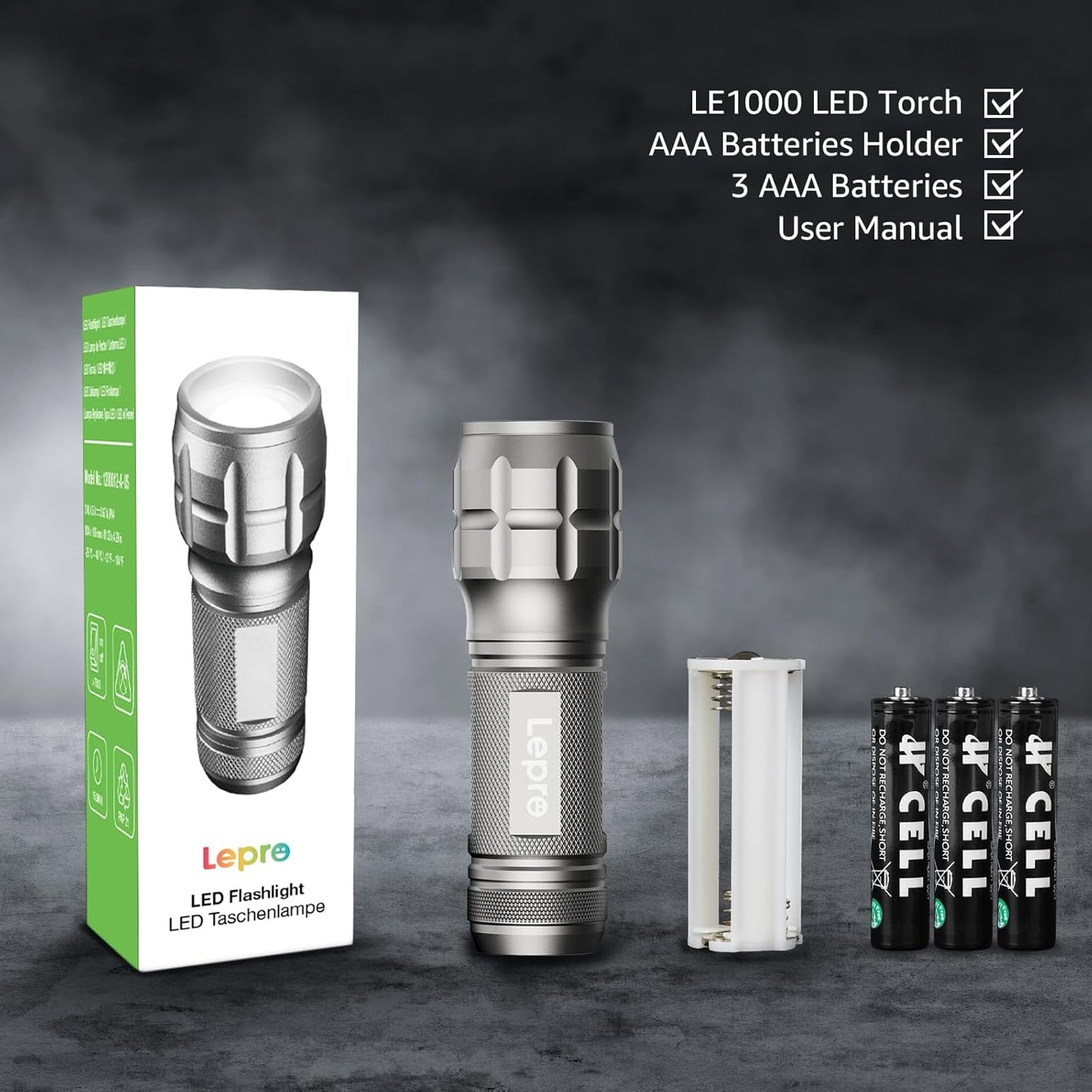 Lepro Portable LED Flashlight – High Lumens, Waterproof (Gray, AAA Batteries Included)