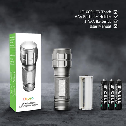 Lepro Portable LED Flashlight – High Lumens, Waterproof (Gray, AAA Batteries Included)