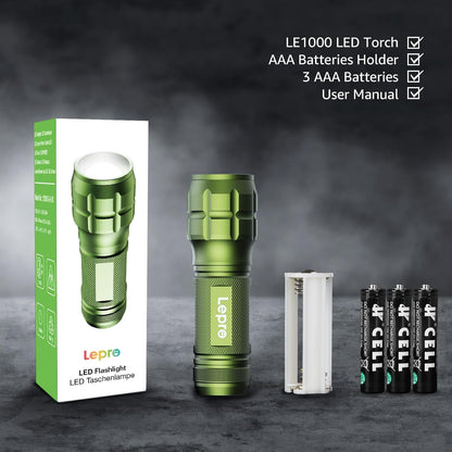 Lepro Portable LED Flashlight (Green, High Lumens, Waterproof, AAA Batteries Included)