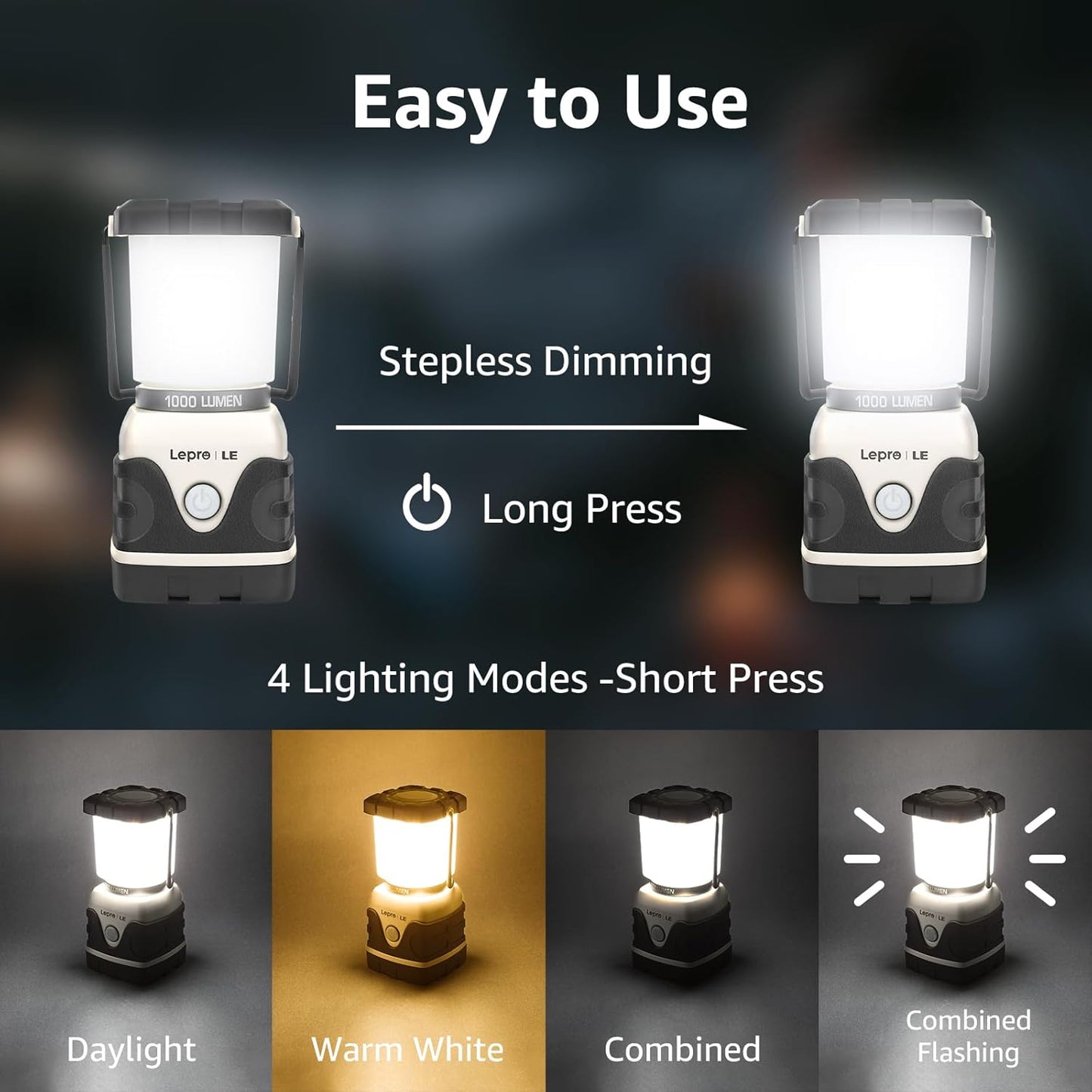 Lepro Battery Powered LED Camping Lantern (White, Waterproof, 1000LM, 4 Lighting Modes)