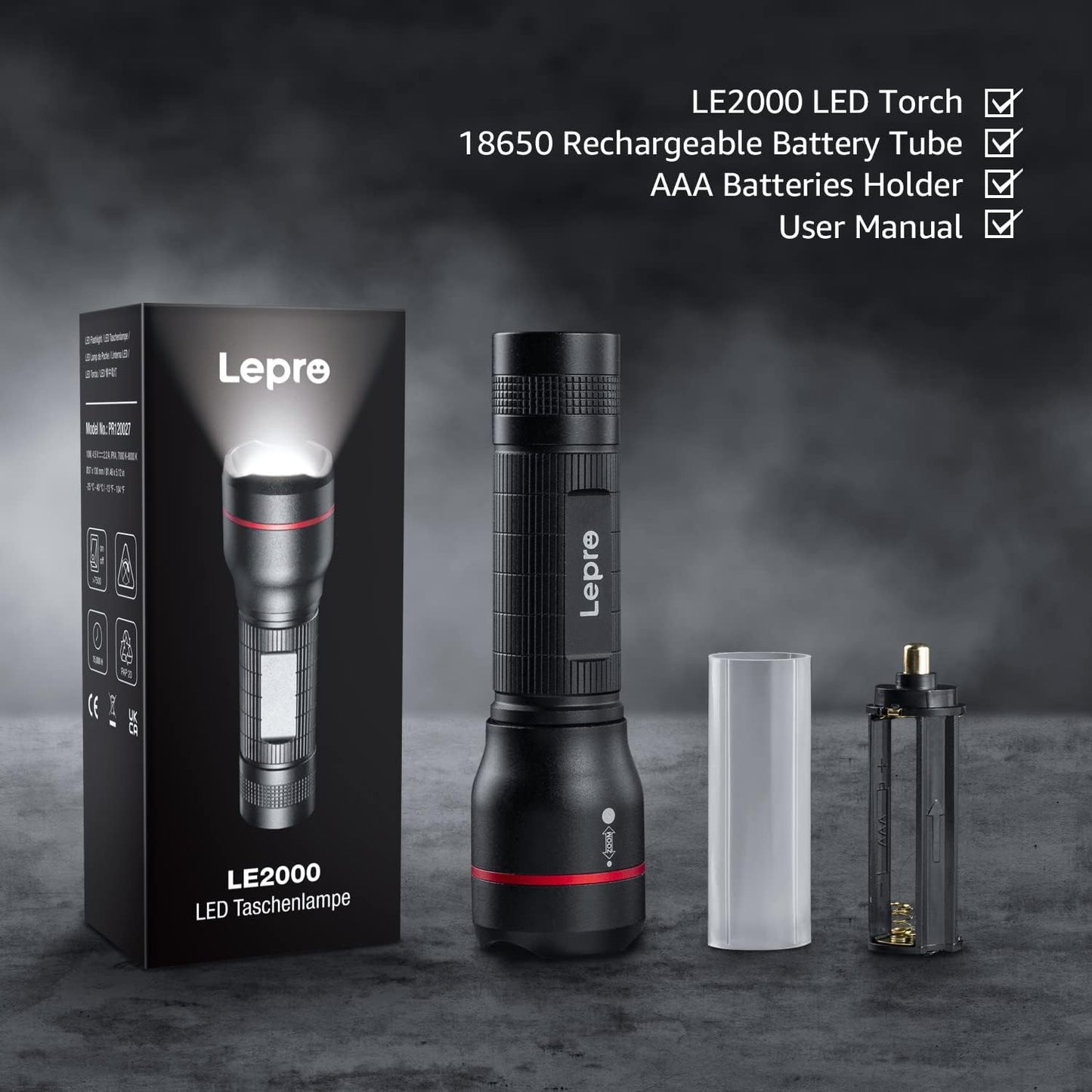 Lepro Battery-Powered Tactical LED Flashlight 2 Pack, 300 Lumens Zoomable Compact Torch
