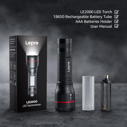 Lepro Battery-Powered Tactical LED Flashlight 2 Pack, 300 Lumens Zoomable Compact Torch
