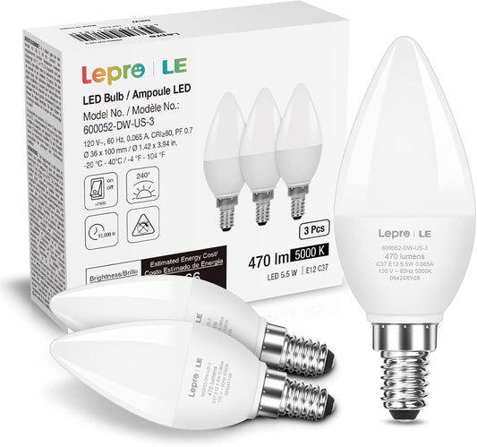 Lepro B11 LED Candelabra Bulbs, E12 Base, 5.5W (40W Equivalent), 500 Lumens, 5000K Daylight, Non-Dimmable