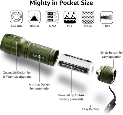 Lepro Portable LED Flashlight (Green, High Lumens, Waterproof, AAA Batteries Included)