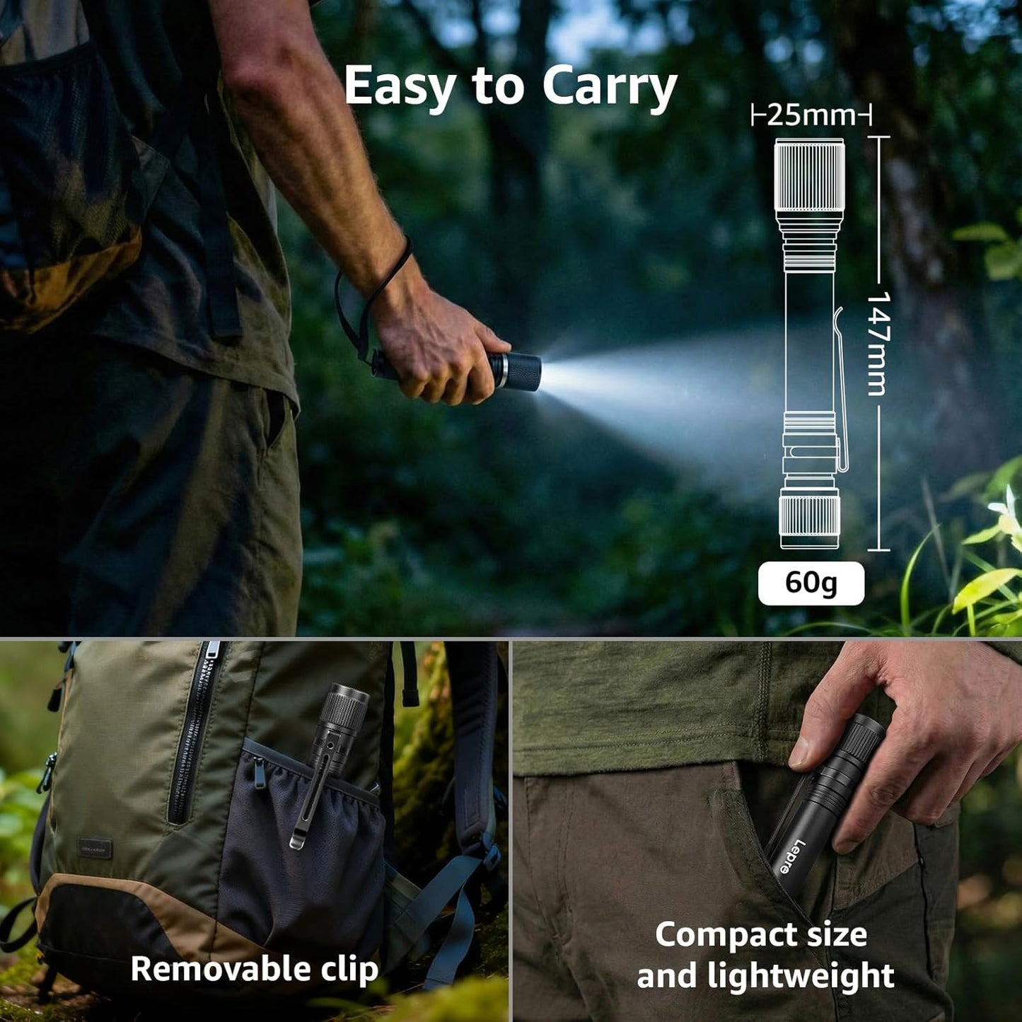 Lepro LED Mini Flashlight High Lumens with Clip, Waterproof, Energy Saving, Portable for Outdoor, Emergency, AA Batteries Included, Tactical & Camping Accessories