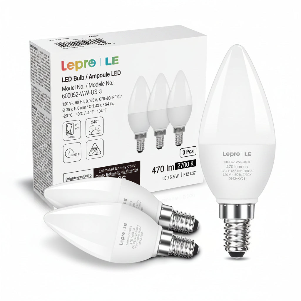 Lepro B11 LED Candelabra Bulbs, E12 Base, 5.5W (40W Equivalent), 500 Lumens, 2700K Warm White, Non-Dimmable