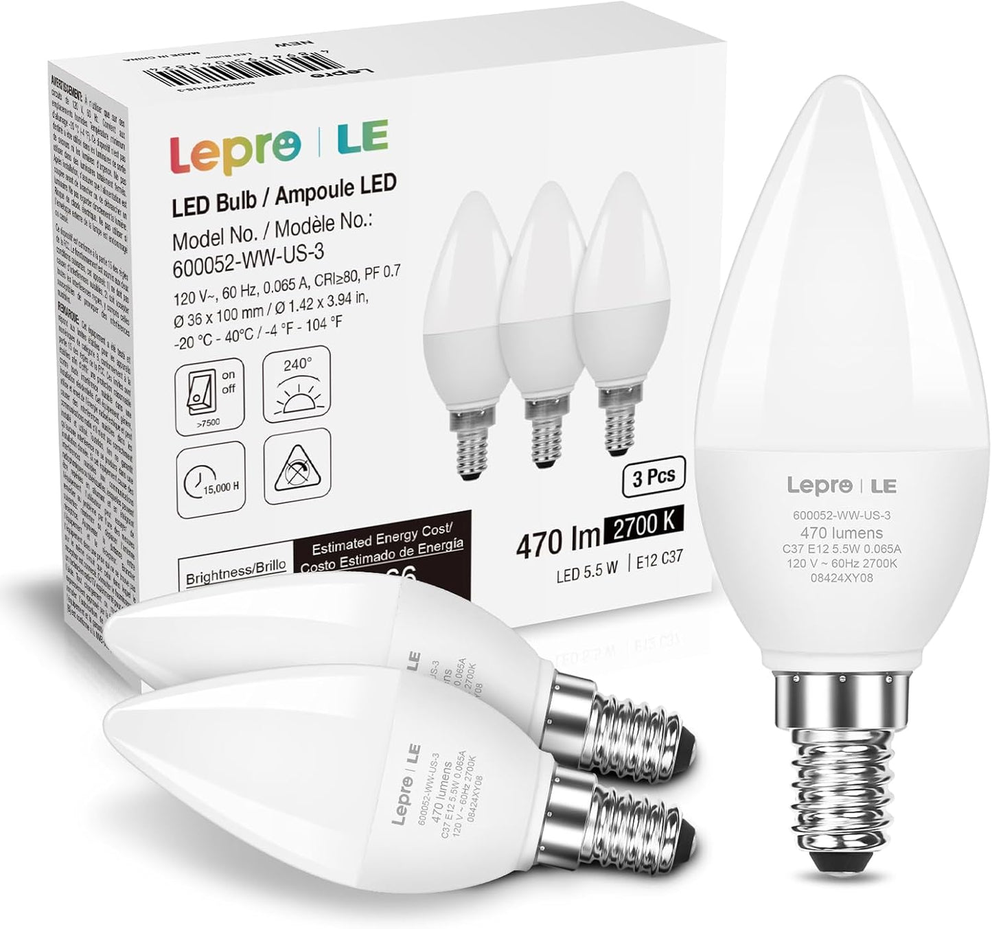 Lepro B11 LED Candelabra Bulbs, E12 Base, 5.5W (40W Equivalent), 500 Lumens, 2700K Warm White, Non-Dimmable