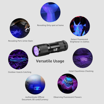 battery powered black light flashlight LE 9 LEDs UV LED Flashlight, Blacklight, 395nm Utlra Violet, 3 AAA Batteries Included
