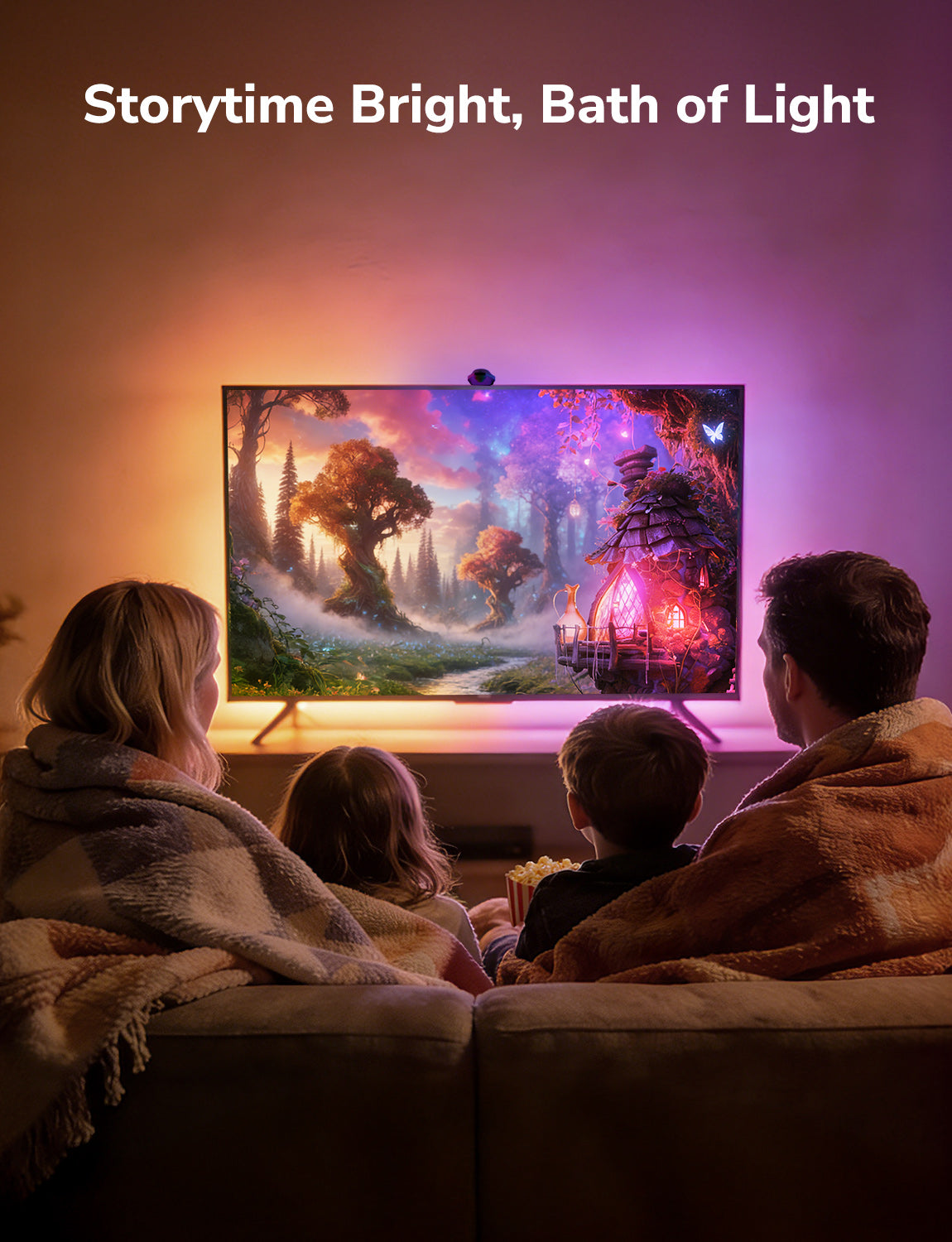 Family watching a colorful animated show on a screen with 'Storytime Bright, Bath of Light' text above.