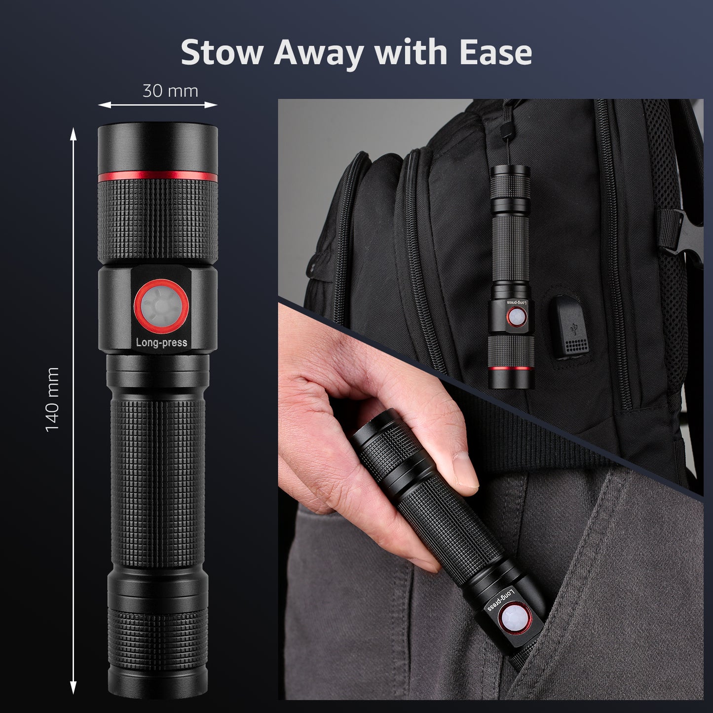 Lepro LED Flashlight Rechargeable, 3W 7500K, 5V Input, with Type-A to Type-C Cable, IPX4 Waterproof, Zoomable, 5 Lighting Modes, 150LM