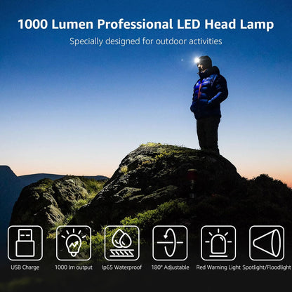 Lepro Headlamp Rechargeable - 1000 Lumen Powerful Detachable Headlamp with Bright 500FT Flashlight Beam