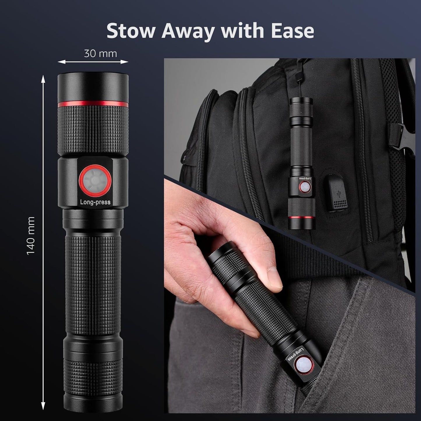 Lepro LED Flashlight Rechargeable, 3W 7500K, 5V Input, with Type-A to Type-C Cable, IPX4 Waterproof, Zoomable, 5 Lighting Modes, 150LM