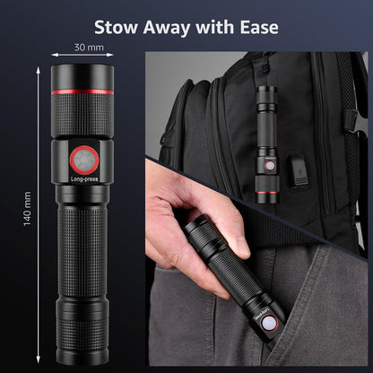 Lepro LED Flashlight Rechargeable, 3W 7500K, 5V Input, with Type-A to Type-C Cable, IPX4 Waterproof, Zoomable, 5 Lighting Modes, 150LM