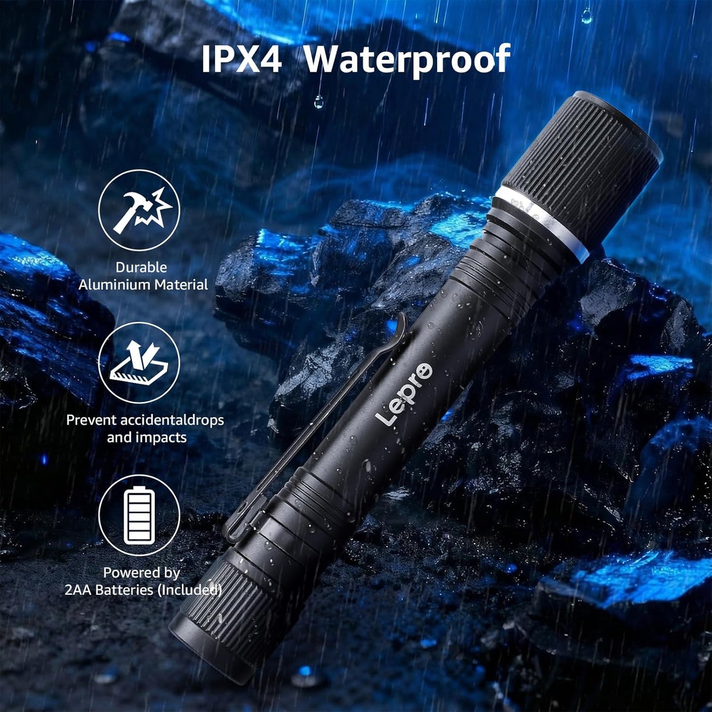 Lepro LED Mini Flashlight High Lumens with Clip, Waterproof, Energy Saving, Portable for Outdoor, Emergency, AA Batteries Included, Tactical & Camping Accessories