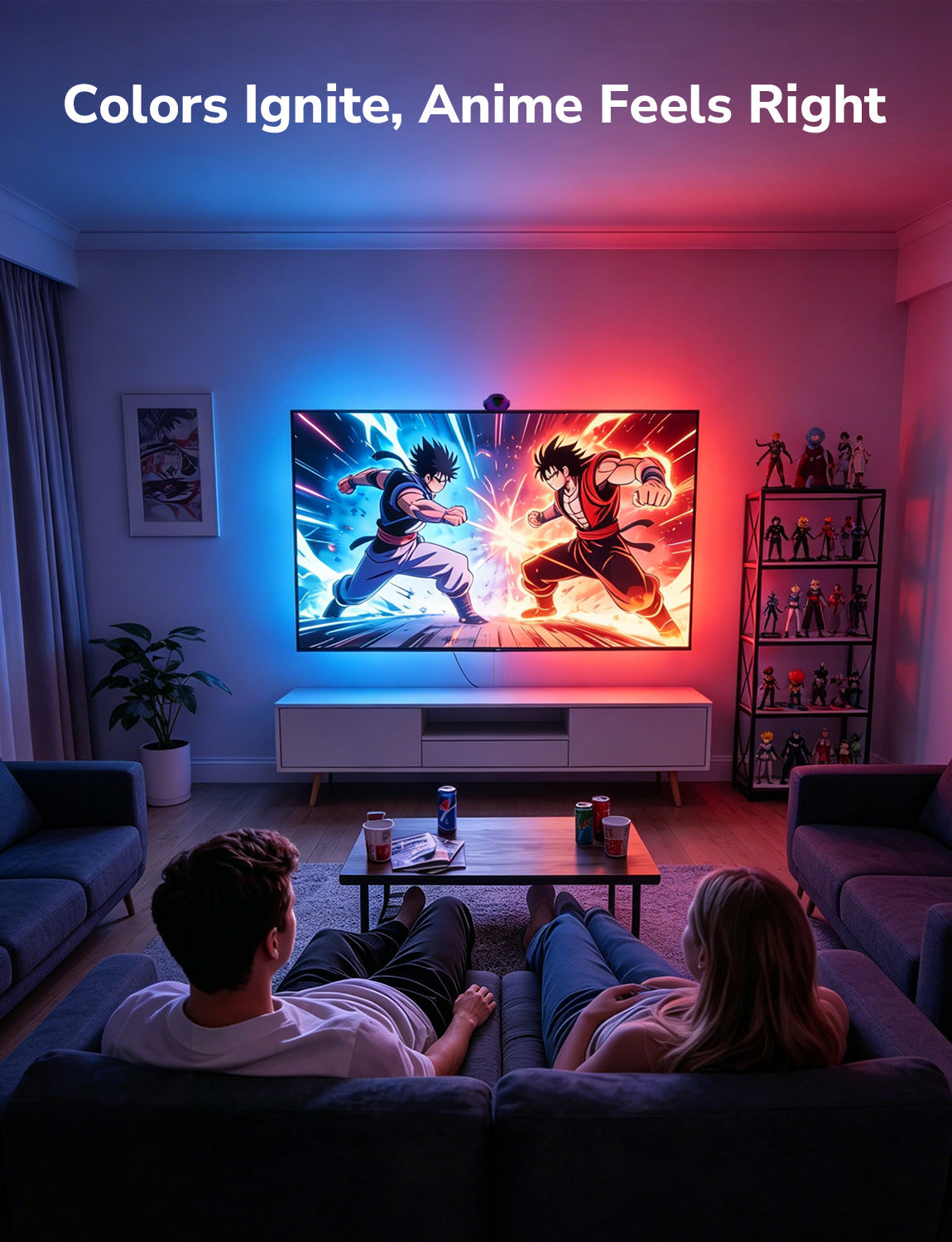 Living room with a TV displaying anime, surrounded by colorful lights.
