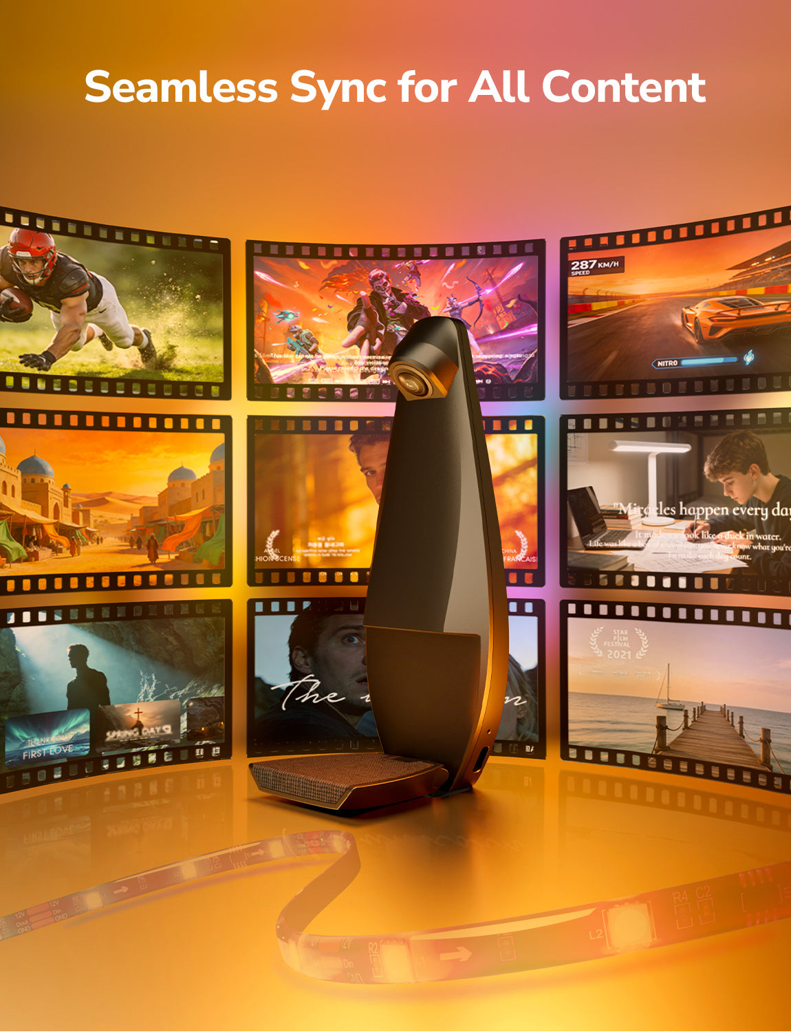 Electronic device with film strip background displaying various scenes, emphasizing 'Seamless Sync for All Content'.