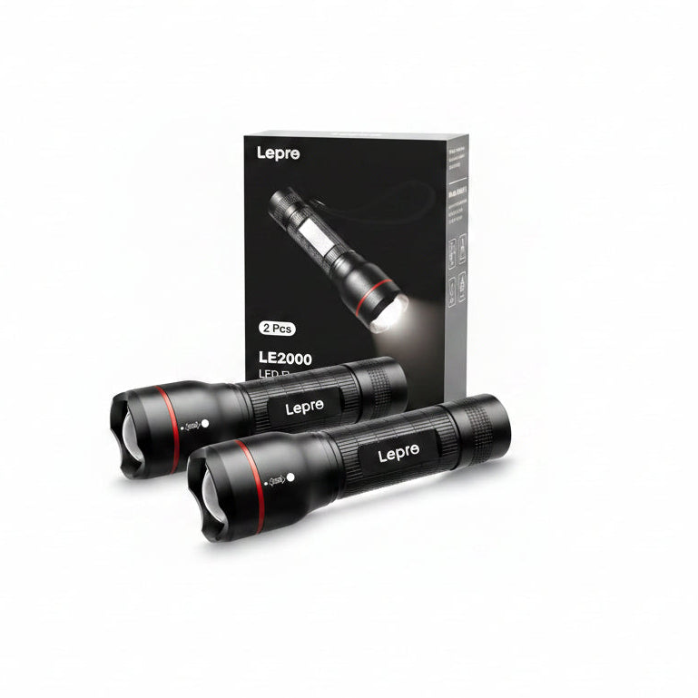 Battery Powered Tactical LED Flashlight 2 Pack 300 Lumens Zoomable Compact Torch