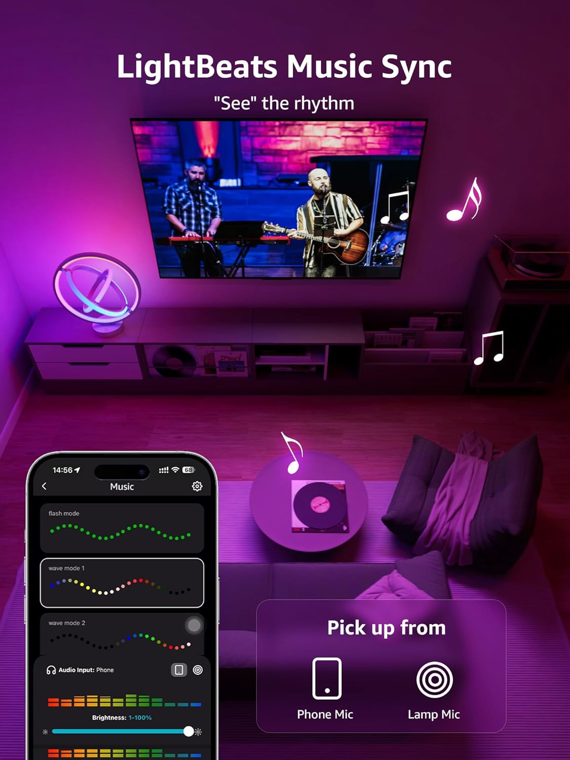 Living room setup with Lepro TB1 table lamp displaying LightBeats Music Sync function.