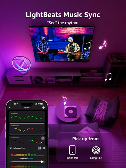 Living room setup with Lepro TB1 table lamp displaying LightBeats Music Sync function.