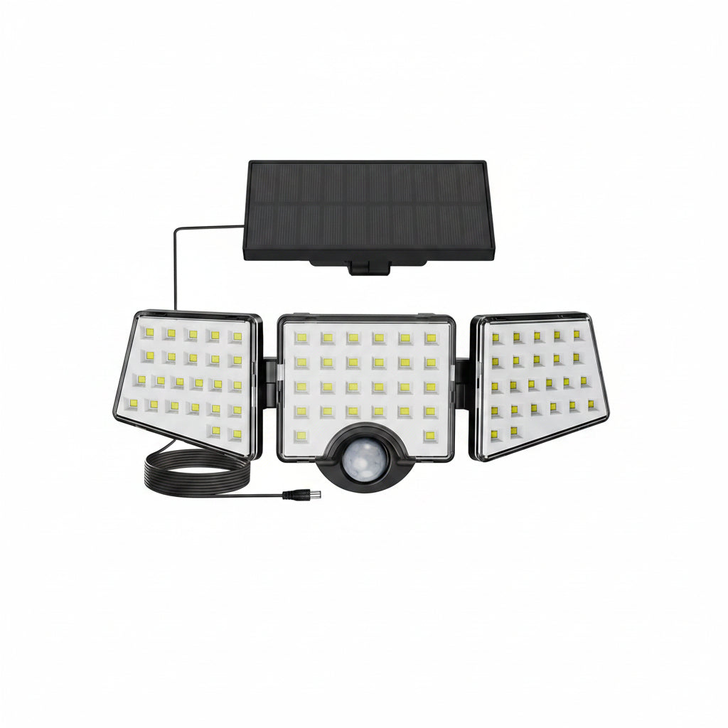 Solar-powered outdoor light fixture with three heads