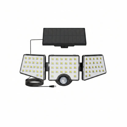 Solar-powered outdoor light fixture with three heads