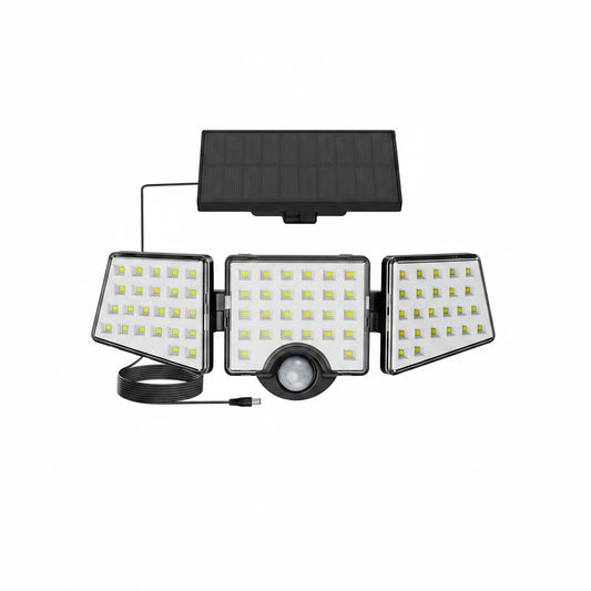 Solar-powered outdoor light fixture with three heads