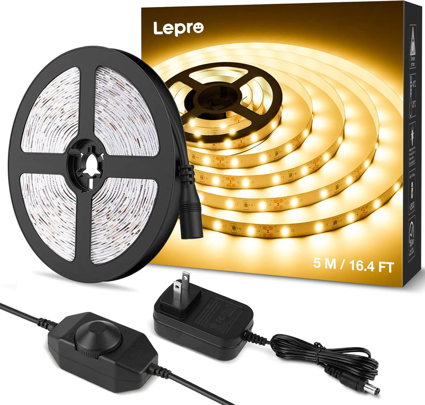 Lepro Warm White LED Strip Light, 3000K Dimmable, 300 LEDs with 3M Adhesive Backing, 16.4ft