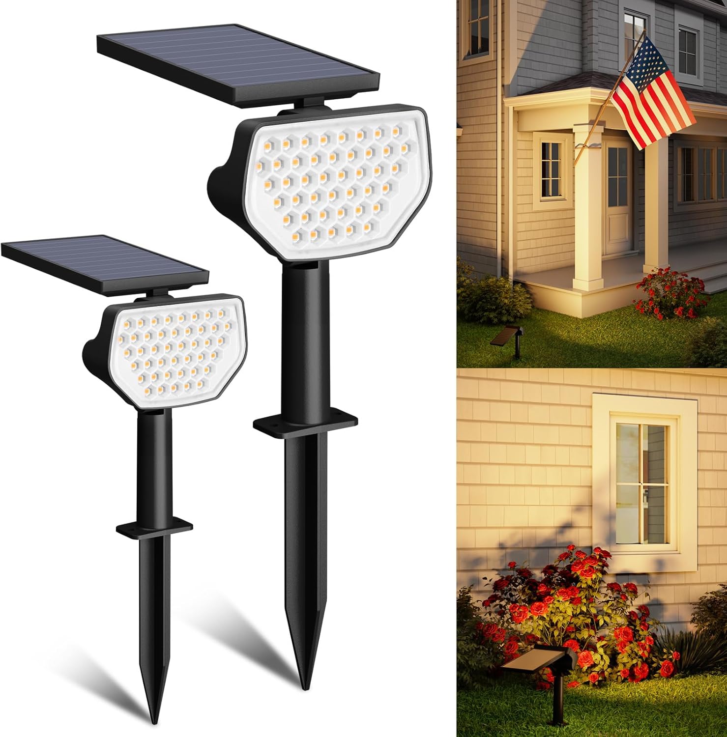 Solar-powered outdoor lights with a house in the background